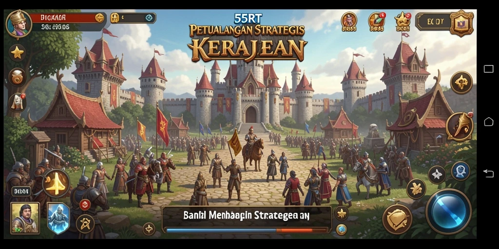 Screenshot utama 55RT menampilkan gameplay dinamis dan strategi membangun kerajaan.