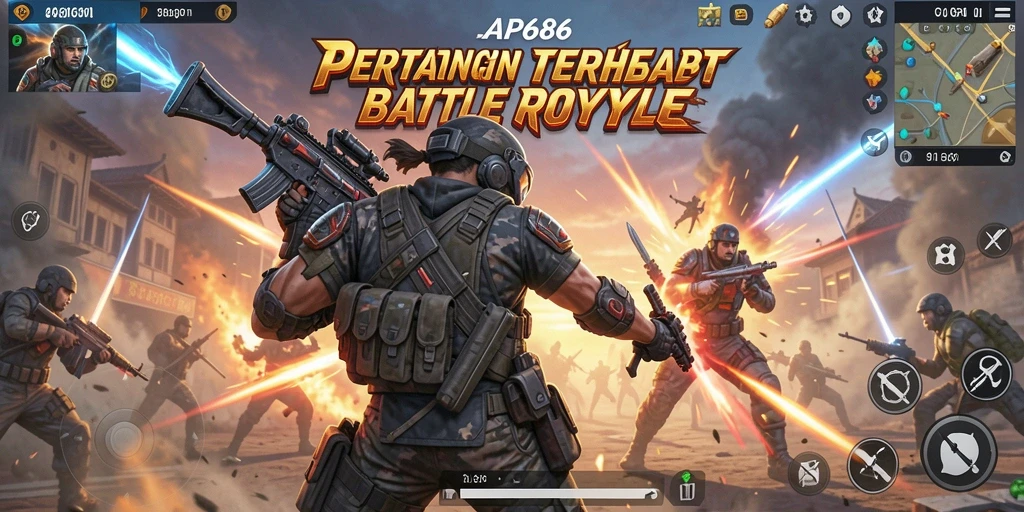 Screenshot utama AP686 menampilkan aksi mendebarkan dalam pertempuran Battle Royale.