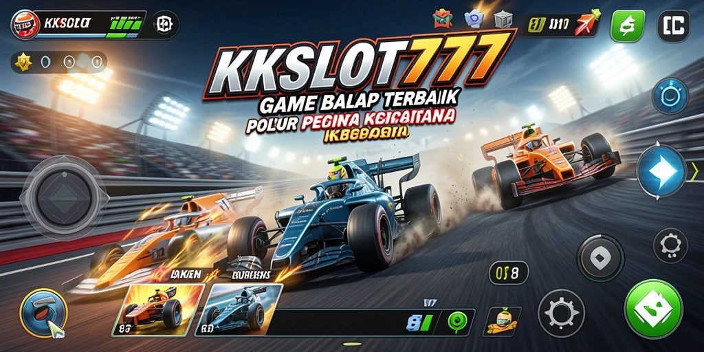 Screenshot KKSLOT777 menampilkan aksi balapan mendebarkan dan kendaraan yang keren.