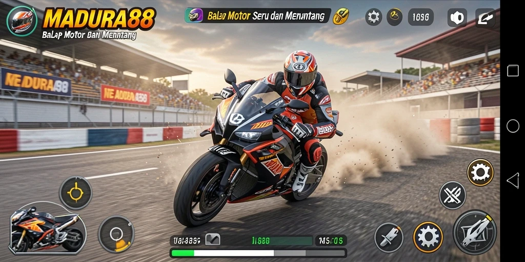 Screenshot dari gameplay seru MADURA88 dengan balapan motor yang mendebarkan.