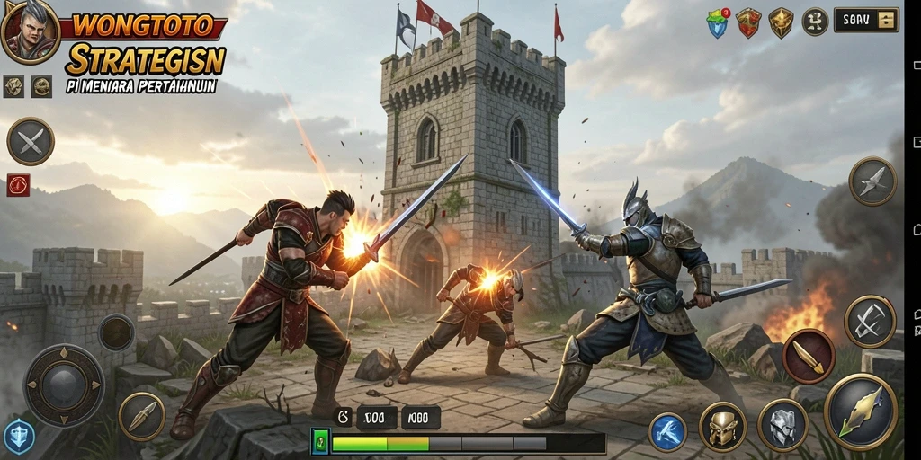 Tangkapan layar gameplay WONGTOTO yang menunjukkan menara pertahanan bertempur.